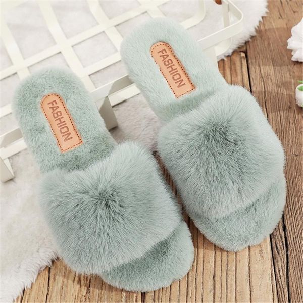 

slippers winter women furry soft plush faux fur floor shoes indoor ladies warm home open toe fluffy house slides, Black