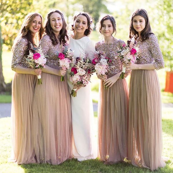

western style floor length garden bridesmaid dress peach colour a line sequins spring summer maid of honor gown wedding guest tailor made pl, White;pink
