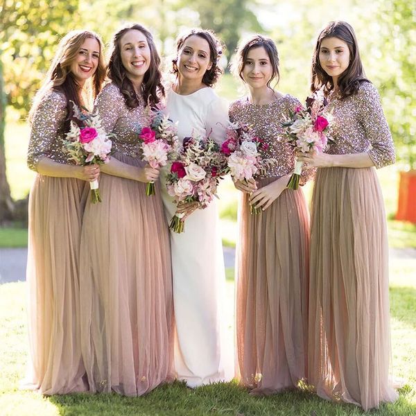 Bodenlanges Garten-Brautjungfernkleid im westlichen Stil, pfirsichfarben, A-Linie, Paillettenoberteil, Frühlings- und Sommerkleid für Trauzeugin, Hochzeitsgast, maßgeschneidert, in Übergröße erhältlich