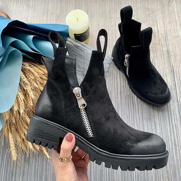 

boots [fvfv]2021 design grande taille 41 ankle in pu leather flat chunky sole lace up round toe zipper british style, Black
