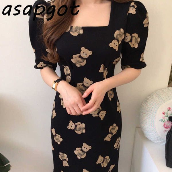 

elegant black lace up waist square neck short sleeve bear print mermaid dress women retro summer chic korean vestido feminino 210610, Black;gray