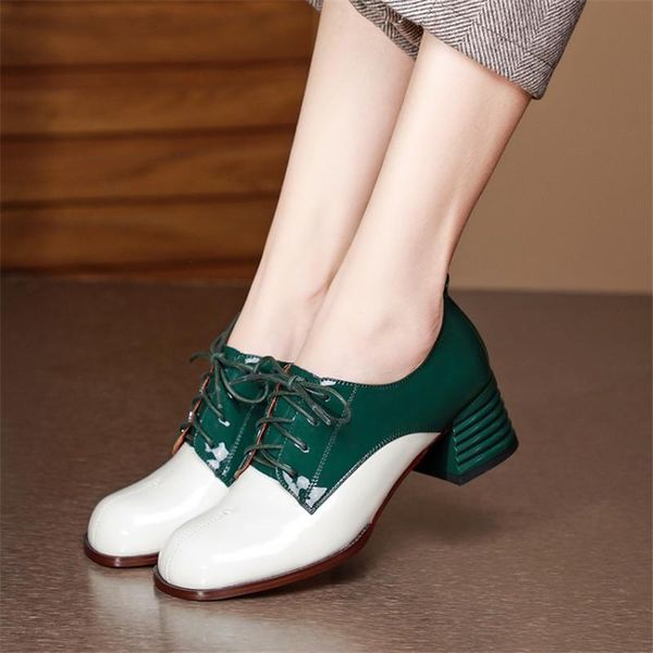 

brand thick heel women patent leather shoes high heels lace up spring pumps quality dress, Black