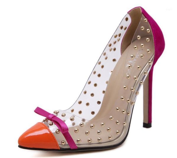 

dress shoes rihana women pointed toe slip on pumps pvc patchwork high heel beading zapatos de mujer size 35-41, Black