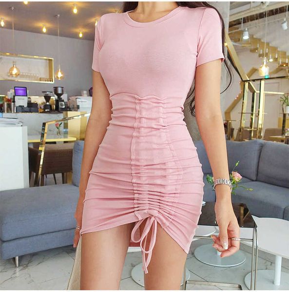 

womengaga summer autumn fold women's korean round neck slim hip short sleeve pink mini dress drawstring lo9r 210603, Black;gray