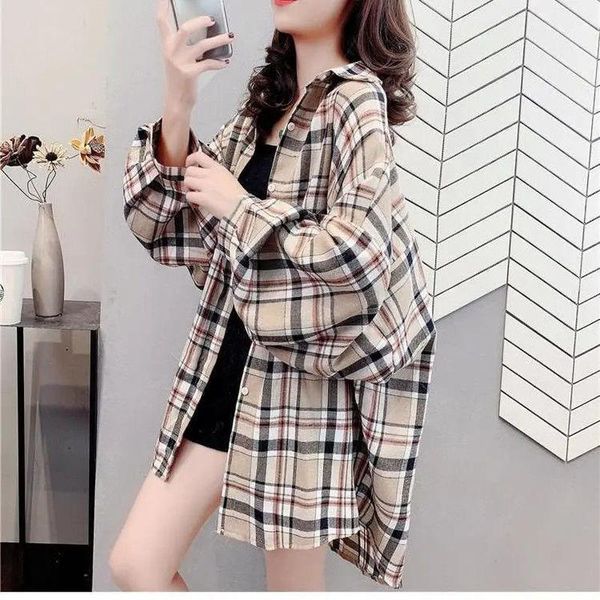 

women's jackets plaid shirt women retro hong kong style spring and autumn 2021 long-sleeved mid-length loose korean design clothes, Black;brown