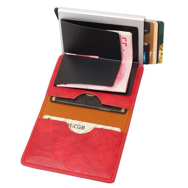 

card holders anti-rfid business holder red/black/yellow/brown/blue pu leather + alloy case cards up automatically, Brown;gray