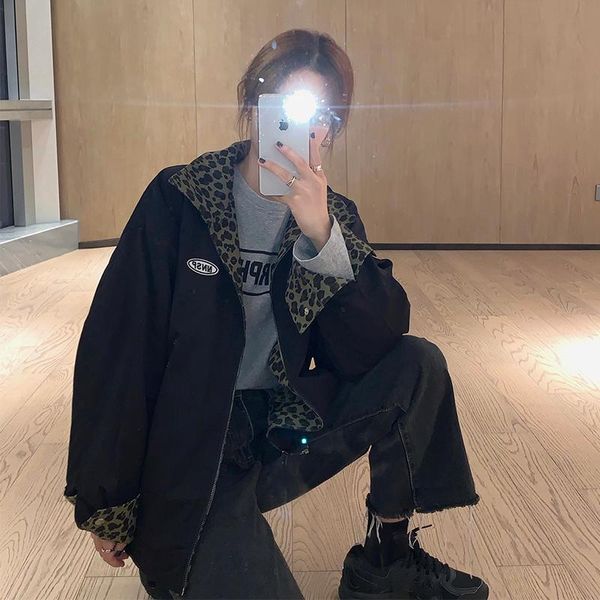 

reversible leopard print jacket casual loose plain coat women denim harajuku vintage streetwear veste femme coats bh50jk women's jacket, Black;brown