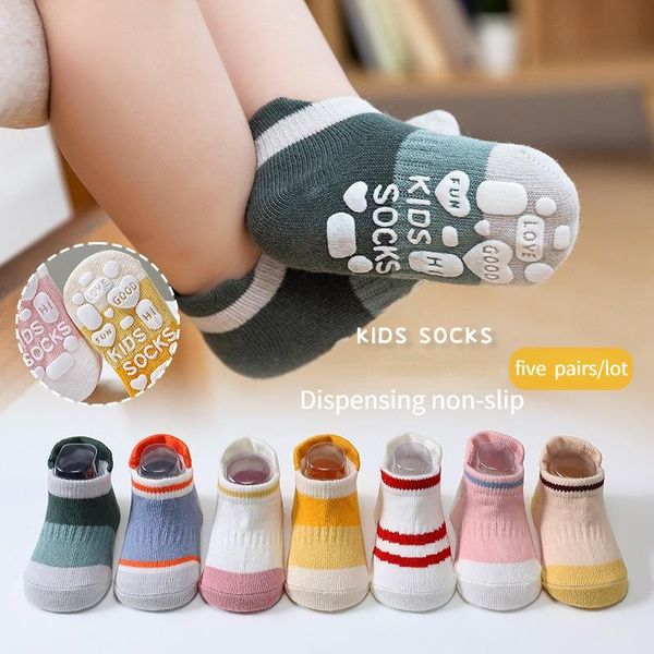

socks 5pairs/lot 0 to 8yrs cotton children anti-slip boat for boys girl cute low floor kid with rubber grips four season, Pink;yellow