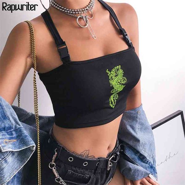 Chinesischen Stil Drachen Stickerei Kreuz Schnalle Crop Top Frauen Sommer Streetwear Camis Kurze Festival s 210510