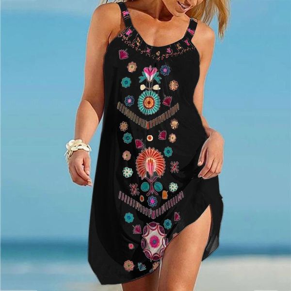 

casual dresses women summer dress plus size print sling midi female oversize sleeveless loose beach clothes vestidos mujer, Black;gray