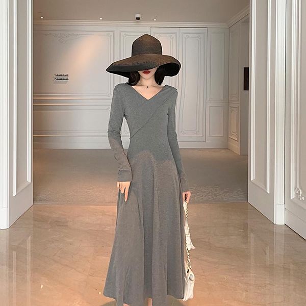 

casual dresses elegant women knitted dress v neck lady long 2021 autumn winter sleeve female slim a line maxi vestidos, Black;gray