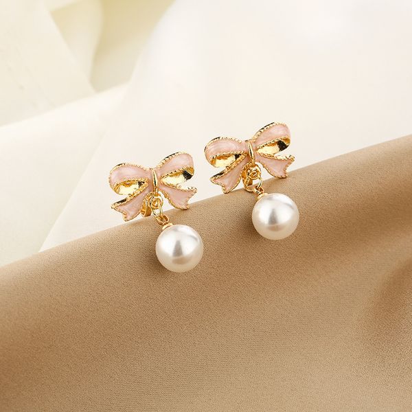 

pink bow pearl ear clip fashion versatile trend earrings, Silver