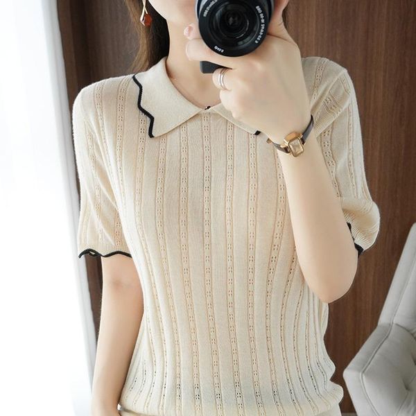 

women's t-shirt short-sleeved 2021 short loose summer lapel half sleeve, White