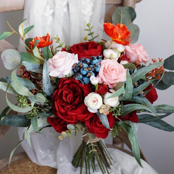 

wedding flowers sesthfar big bouquet pink&red peony rose blue berry artificial ramos novia real touch bridal decoration