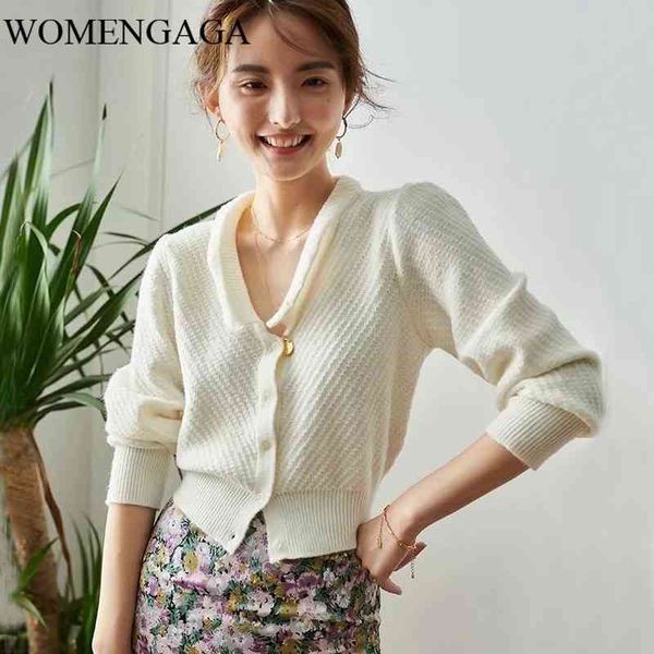 WOMENGAGA Autunno Inverno Donna Colletto Tessuto Punto Top Cardigan in maglia con polsini a costine Maglione SUYP 210603