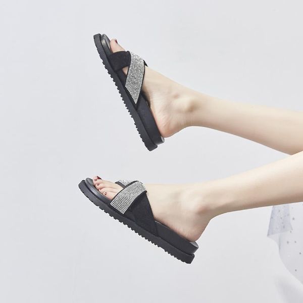 Creepers Glitter Kristall Wildleder Leder Flipflops Femme Kreuz Band Offene spitze Alias Nicht-slip Freizeit Muffins Sandalen Frauen 2021