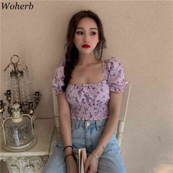 Frauen Kawaii Cropped Shirts Sommer Vintage Floral Print Mädchen Square Neck Puff Sleeve Blusen Koreanische Streetwear Tops 210519