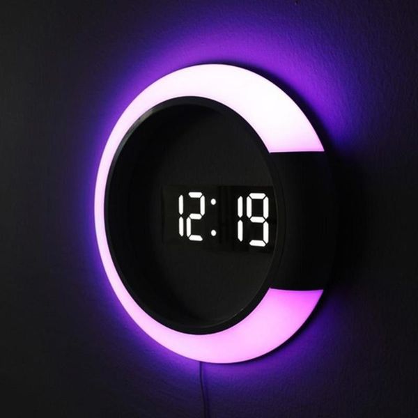 

digital wall clock alarm mirror hollow watch table 7 colors temperature nightlight for home living room decorations clocks