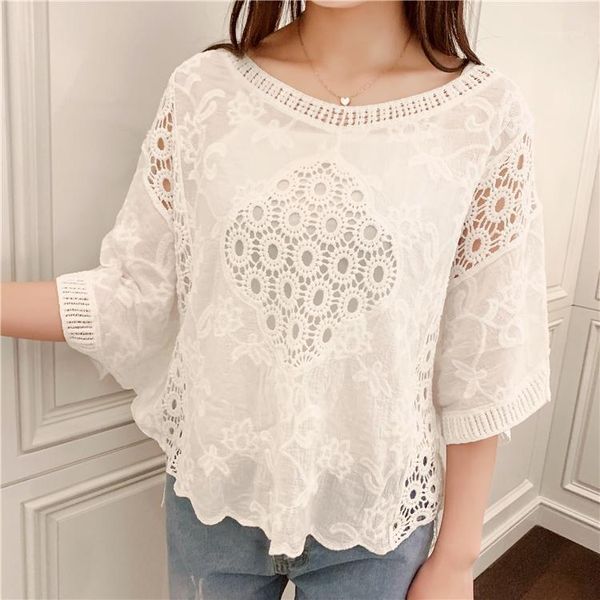 

female 2021 crop boho summer white blouse women hollow out blusas cotton crochet shirt oversize batwing sleeve camisas women's blou