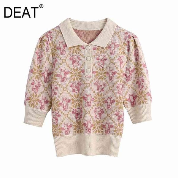 

[deat] spring autumn fashion jacquard half sleeve turn-down collar knitted women's pullover sweater 13w940 210527, White;black