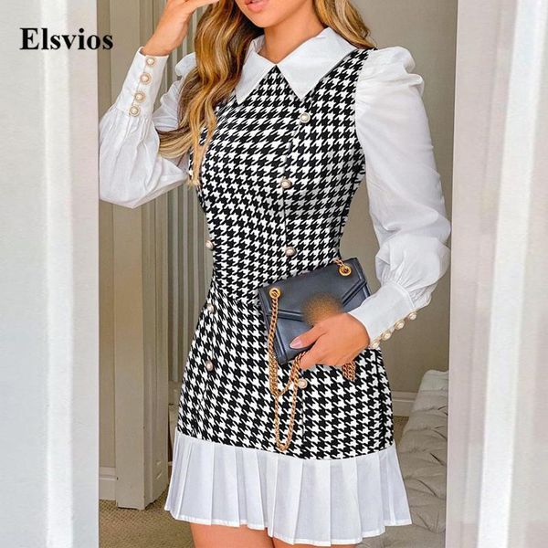 

casual dresses kawaii turn-down collar women mini dress elegant patchwork houndstooth print slim party autumn button long sleeves, Black;gray
