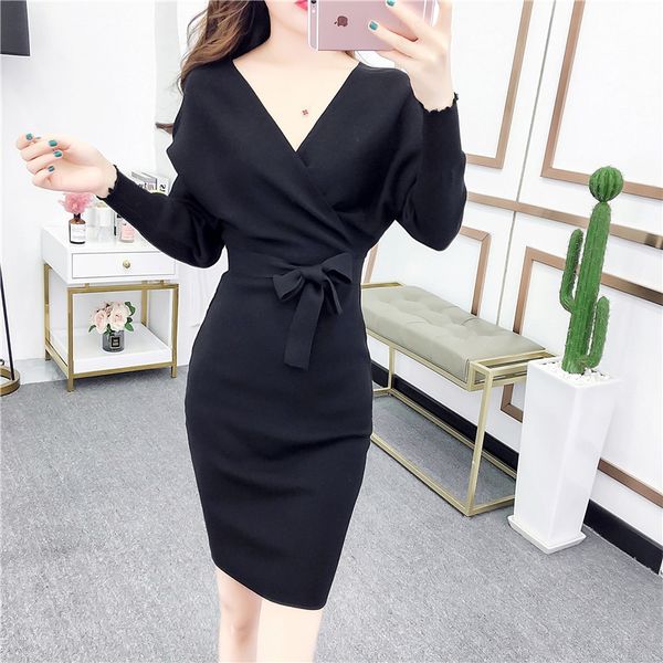 

2021luzuzi autumn winter women knitted sweater dress 2021 new korean long batwing sleeve v neck elegant dress ladies bandage dress, Black;gray