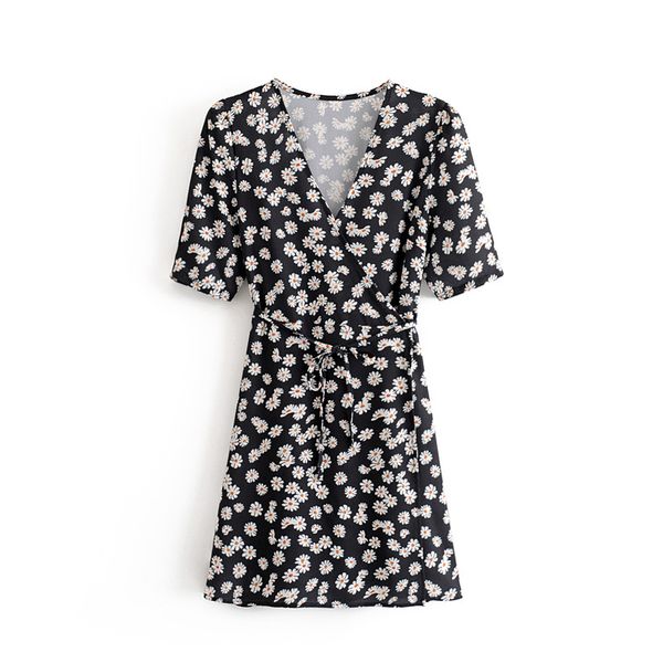 

black floral summer chiffon dress elegant fashion short sleeve deep v-neck casual mini streetwear size l 210524, Black;gray