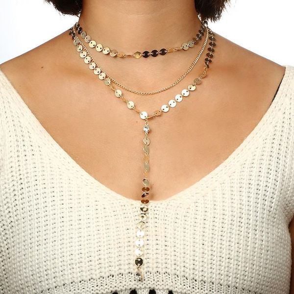 

pendant necklaces vintage jewelry multi layer silver color small rounds disc sequins necklace for women bohemian wedding gift