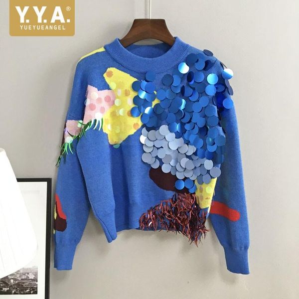 

fashion women sequined blue pullover sweater colors mixed tassels long sleeve knitted casual streetwear knitwear women's sweaters, White;black