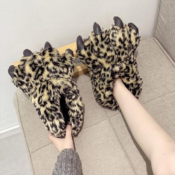 

women's leopard chunky slippers size 36-44 fluffy fur slides female winer indoor warm shoes 2021 sale, Black