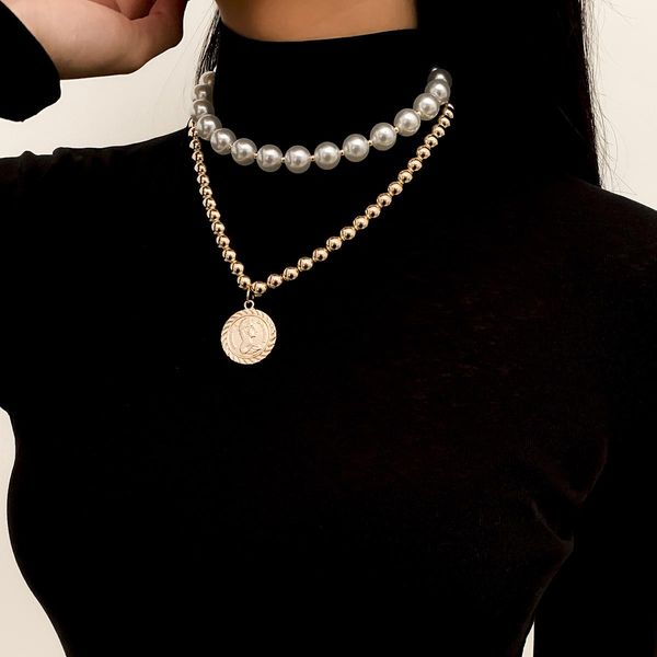 

portrait coin alloy pendant necklaces retro golden card neck imitation pearl clavicle chain hip hop multi-layer fashion creative round bead, Silver