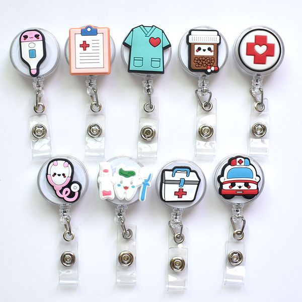 

5pcs/set 2022 new design 1 piece silicone retractable hospital nurse badge holder reel cute cartoon id card holder keychains, Slivery;golden