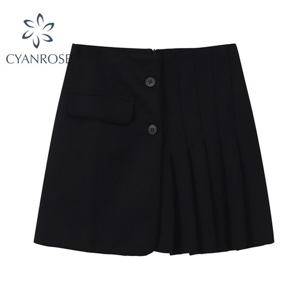 

patchwork pleated skirts women black&gray preppy style korean single breasted pocket female ol a-line high waist clothes 210515