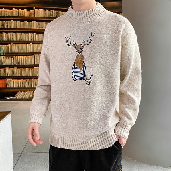 

men's sweaters embroidered half turtleneck sweater solid color deer pullover simple style trendy warm base easy match men, White;black