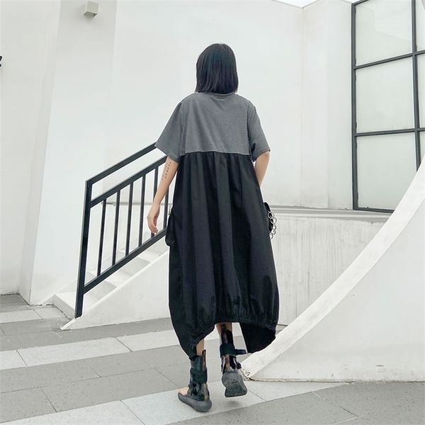 

xitao irregular pleated hit color dress plus size loose covering belly pullover short sleeve elegant dress 2021 summer xj4818, Black;gray