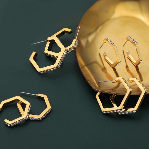 

hoop & huggie elegant hexagon gold color earrings for women trendy crystal cz polygon thin metal statement party jewelry, Golden;silver