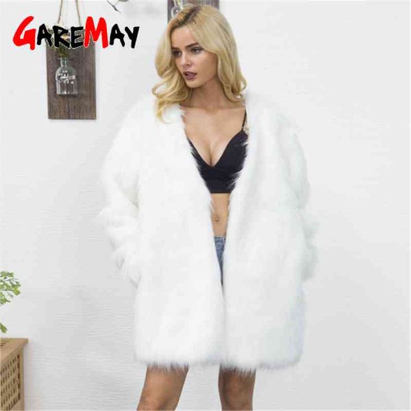 

women fur coat winter plus size jacket long faux white luxury plush korean warm teddy 210428, Black