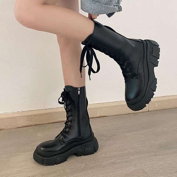 

boots women ankle lace up pu leather zipper platform ladies spring & autumn shoes fashion comfortable leisure female footwear, Black