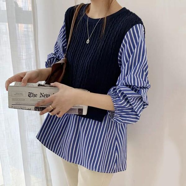 

women's blouses & shirts autumn 2021 korean fashion temperament fake two stripe splicing loose casual blouse round neck 7-point sleeve, White
