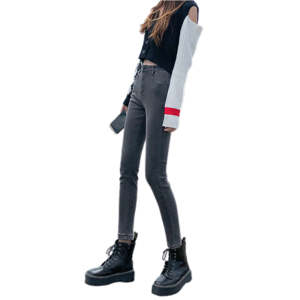 

women's jeans autumn gray high waist korean wild slim slimming tall pants, Blue