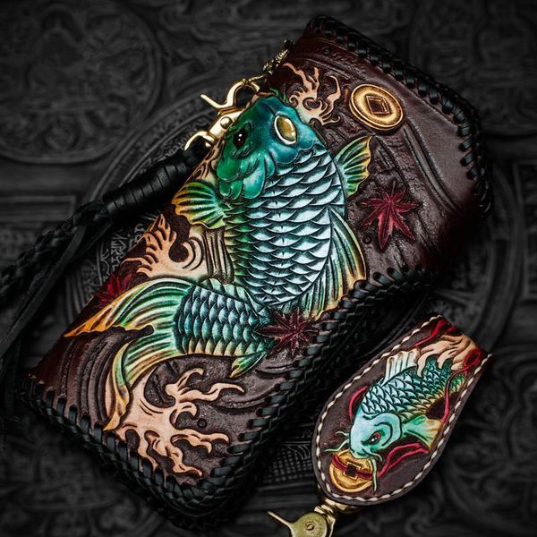 

wallets handmade women carp purses men long clutch vegetable tanned leather wallet +trousers rope chain card holder, Red;black