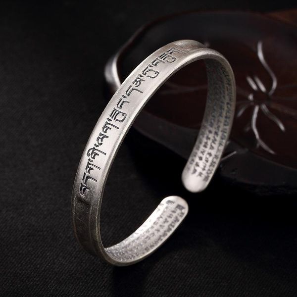

pure silver six-word mantra sterling retro opening female bracelet buddhist scripture ladies jewelry bangle, Black