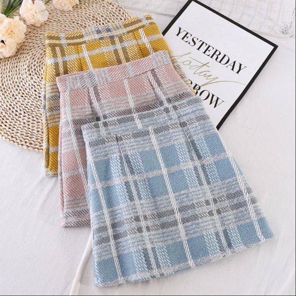 

autumn winter woolen plaid womens skirts femme bodycon wide leg highstreet mini, Black