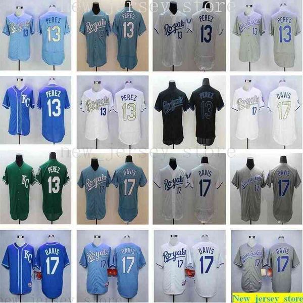 

2022 mens women youth baseball 13 salvador perez 17 wade davis jerseys kids white blue gray green stitched jerseys, Black