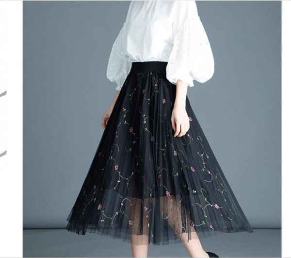 

skirts 2021 women's lace gauze high waist slim pleated skirt long paragraph spring and summer a word dress 202119, Black