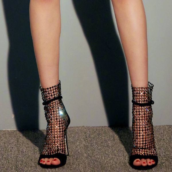 

slippers fall 2021 roman banquet dress plus size sandals women's stiletto heel mesh all-match rhinestone leather ball fashion s993, Black