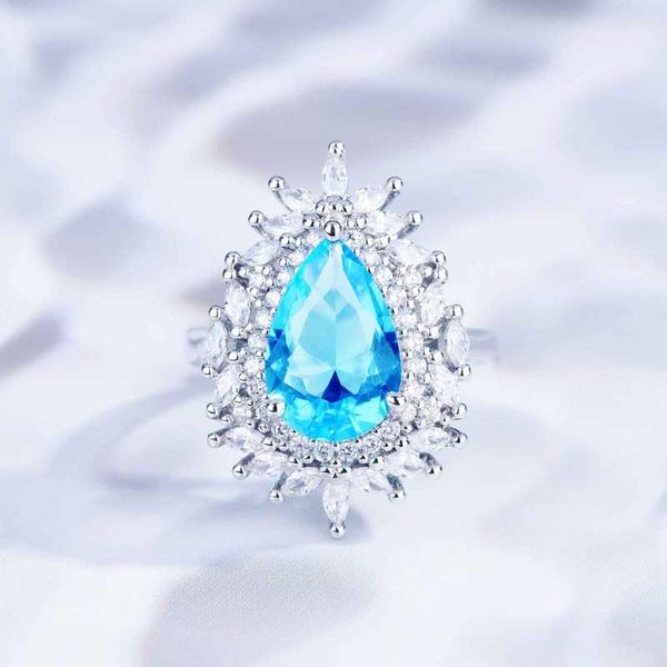 

wedding rings 925 silver charm jewelry inlay blue water drop cubic zirconia fashion adjustable ring for women engagement accessories, Slivery;golden