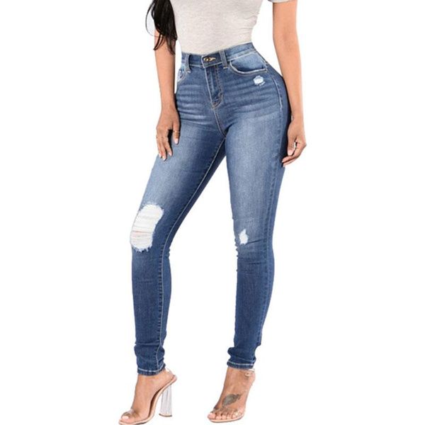 

women's jeans women casual washed holes high waist wild denim pencil female ripped scratched skinny full length 11513, Blue