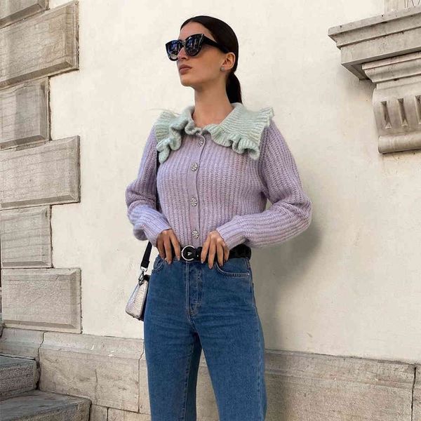 

sweaters 2021 women knit cardigan gem buttons contrast ruffled collar long sleeves casual fashion chic woman knitted sweater, White;black