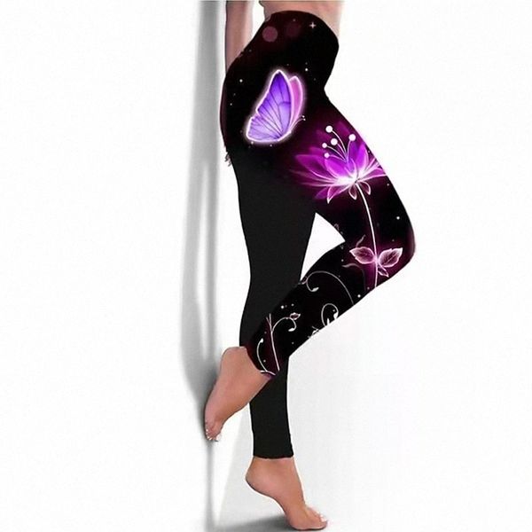 

women's yoga workout tights print ankle-length pants yoga micro-elastic butterfly mid waist blue purple blushing pink green red s m l x, Black